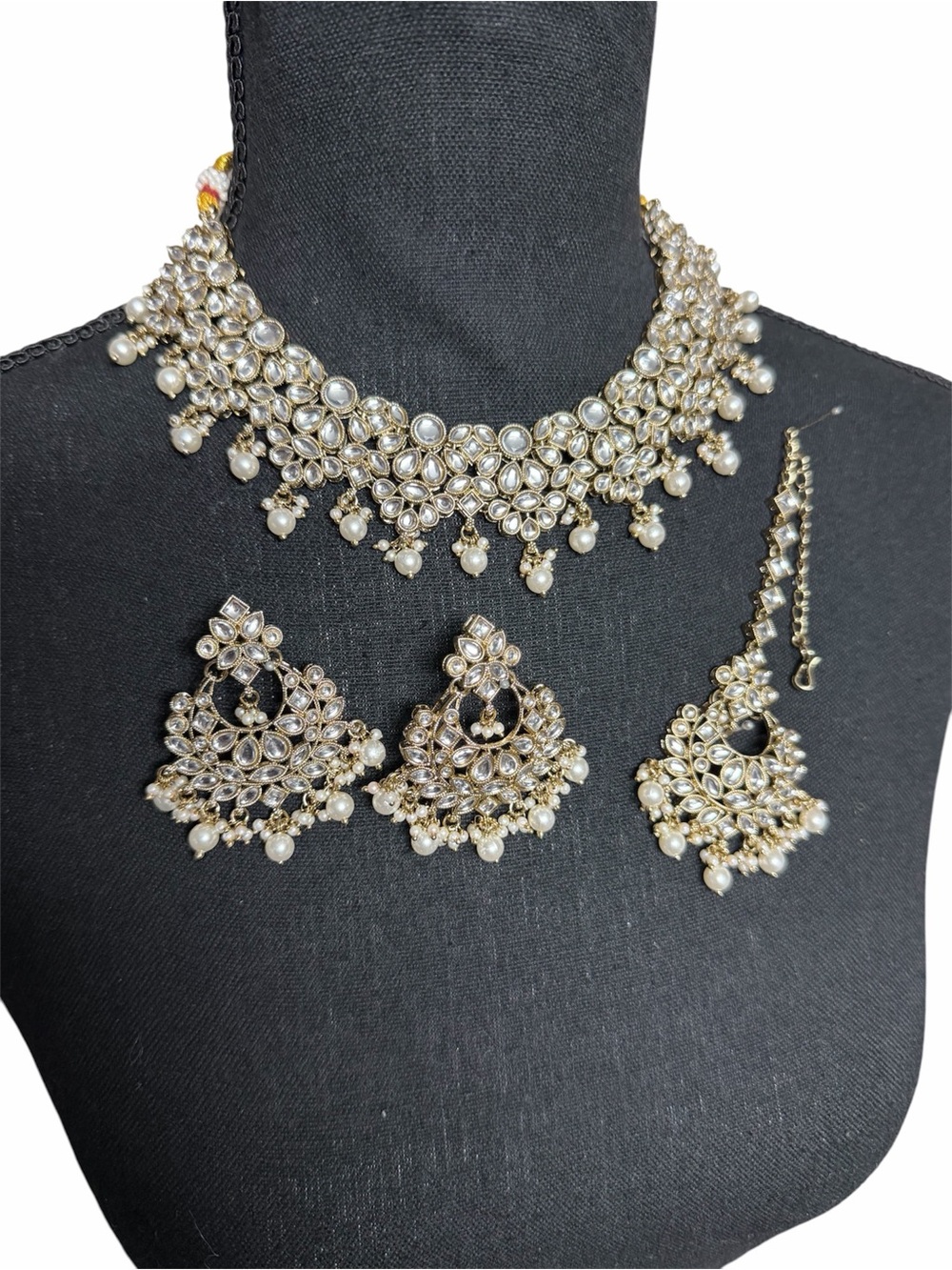 Gold and White Pearl Kundan Choker Set with Earrings and Maang Tikka
